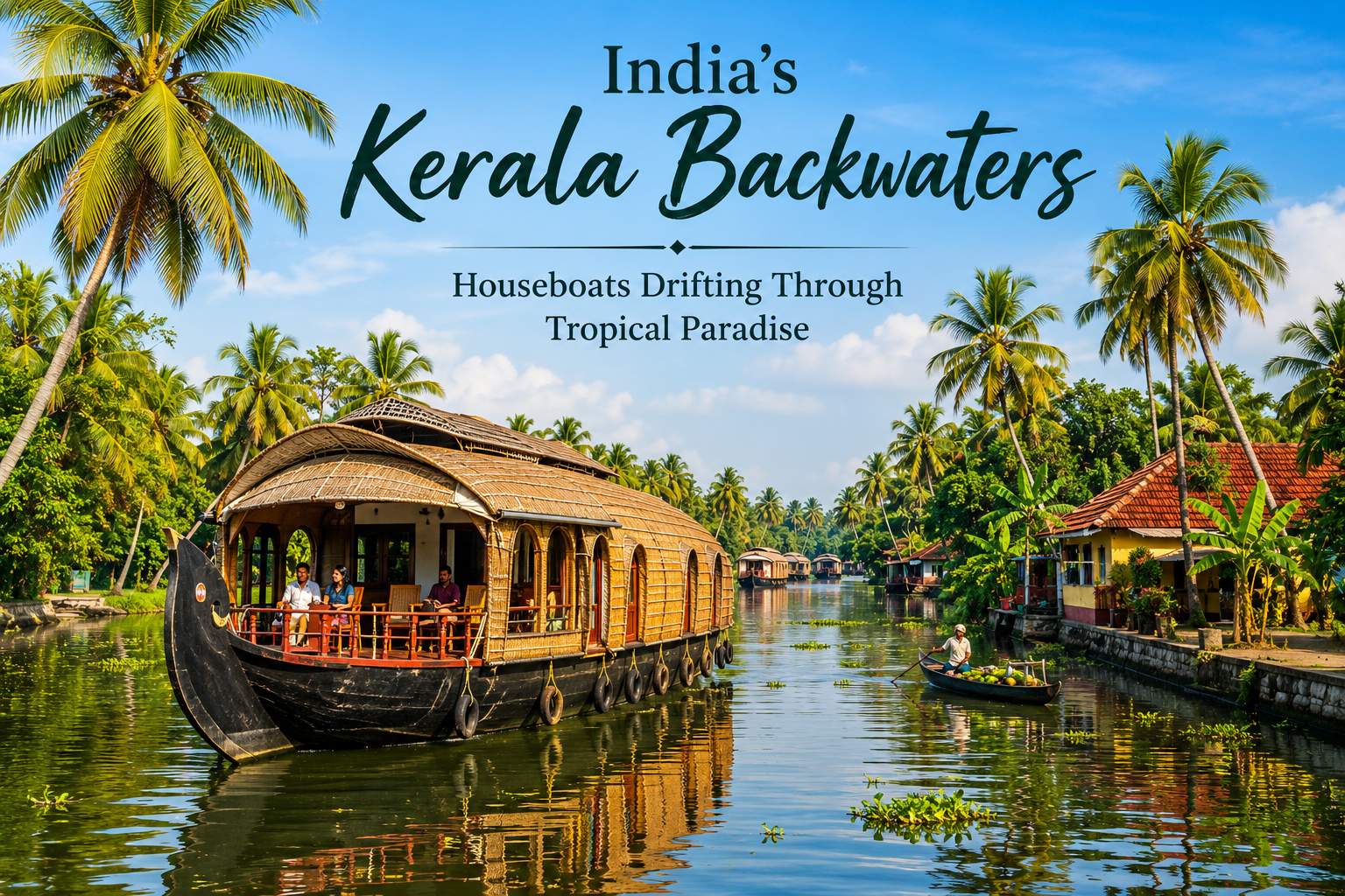 Scenic view of India's Kerala Backwaters with a luxury houseboat, coconut trees, and peaceful waterways.