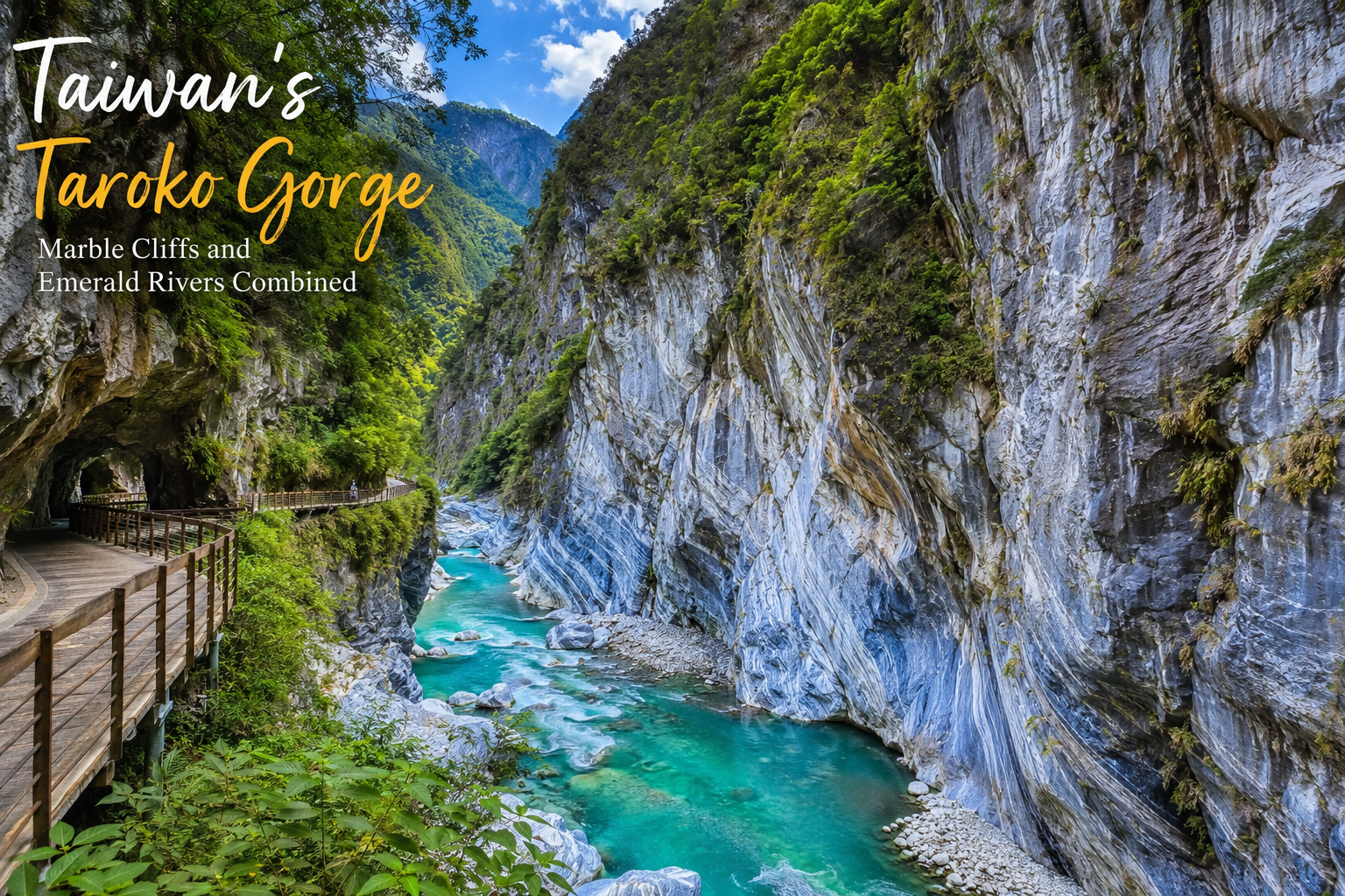 Taiwan's Taroko Gorge featuring dramatic marble cliffs, emerald rivers, and lush green landscapes.