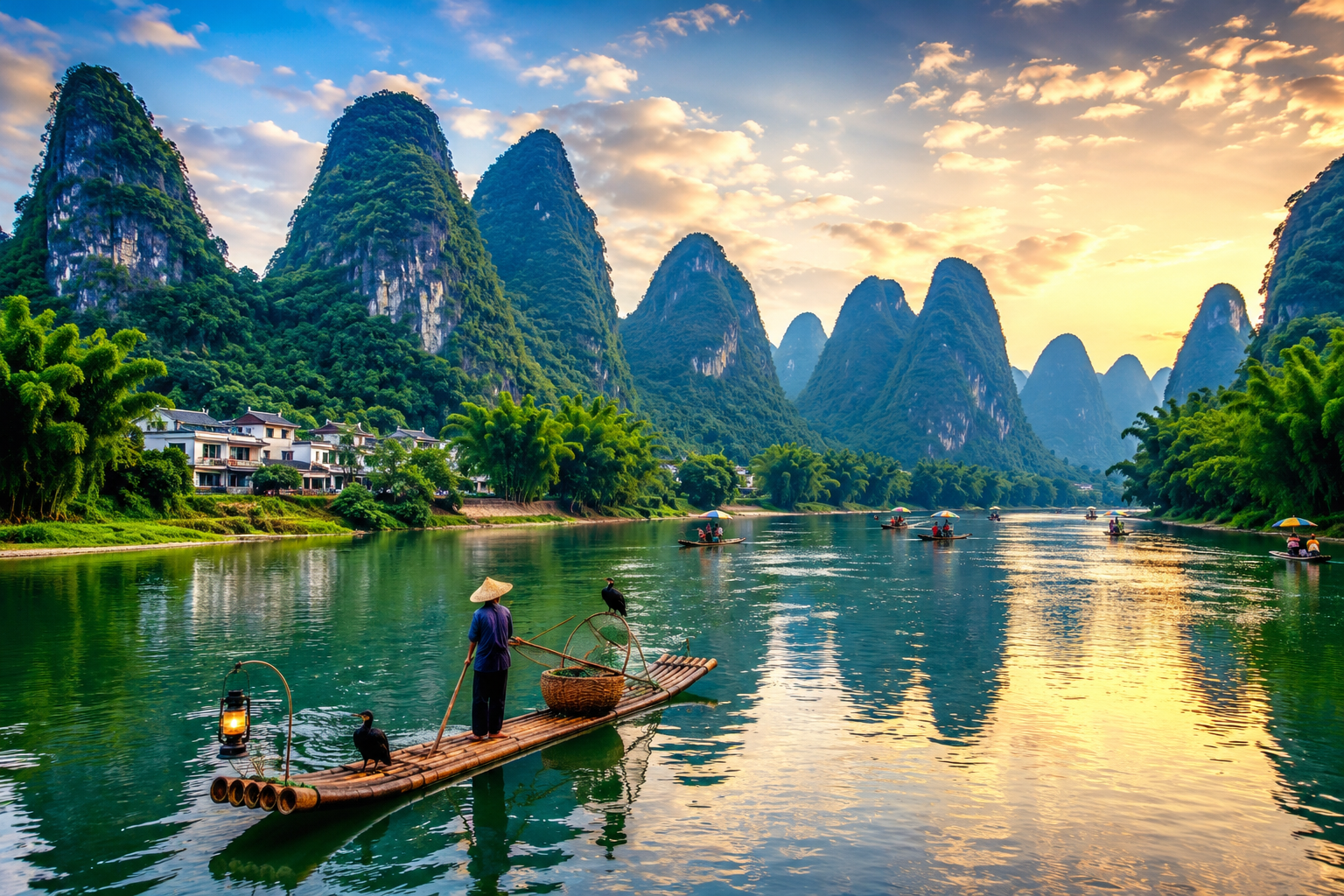 China's Guilin featuring dramatic karst mountains, the beautiful Li River, green countryside, and peaceful natural scenery.