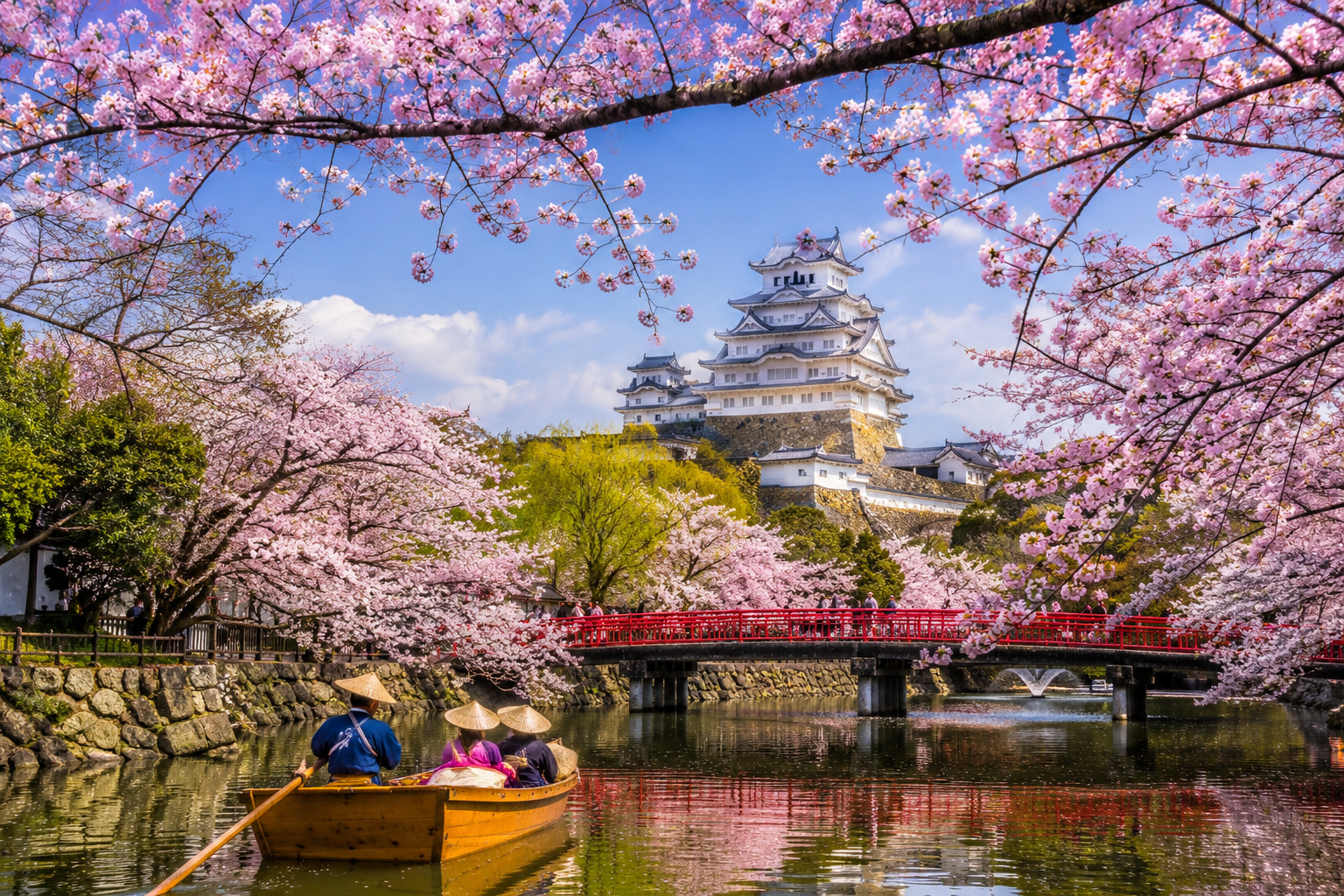 Japan’s Cherry Blossoms blooming around historic temples, peaceful parks, and scenic pathways during the beautiful sakura season.