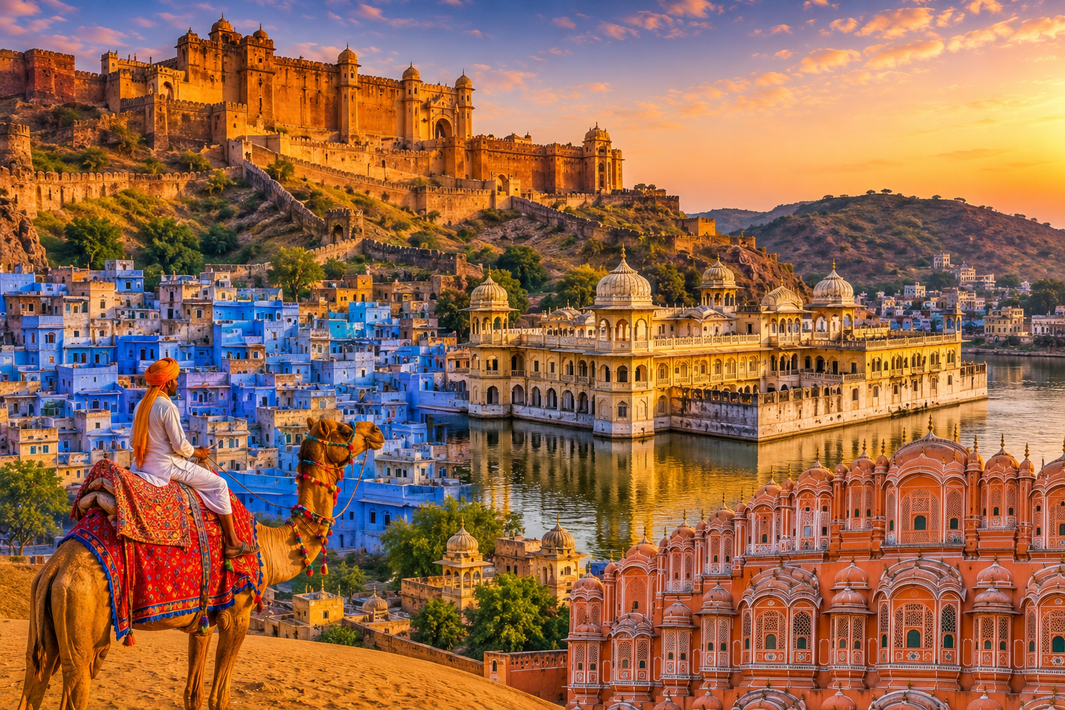 India’s Rajasthan featuring majestic desert forts, royal palaces, colorful architecture, and the rich heritage of the Rajput era.
