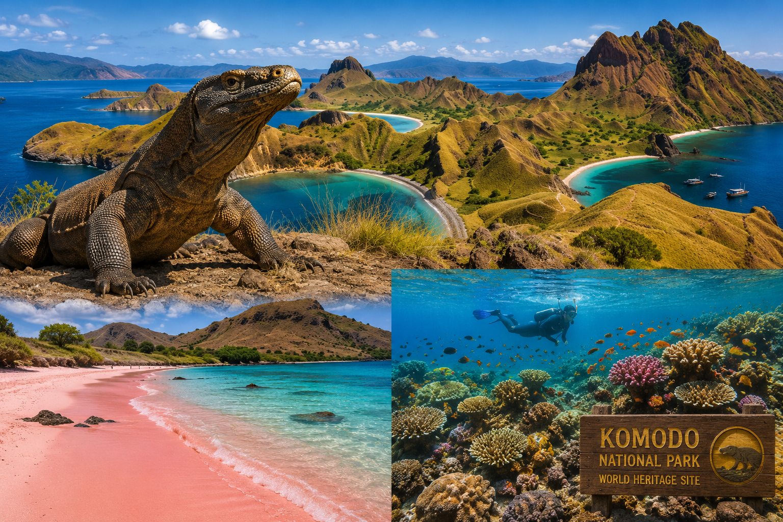Indonesia’s Komodo Island featuring a Komodo dragon, pink beaches, rugged hills, turquoise waters, and untamed tropical wilderness.