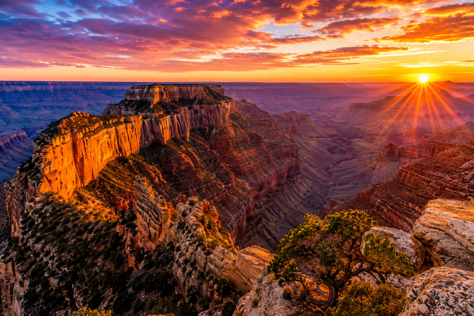Grand Canyon Sunrise illuminating colorful canyon cliffs, deep valleys, and dramatic rock formations with golden and orange light.