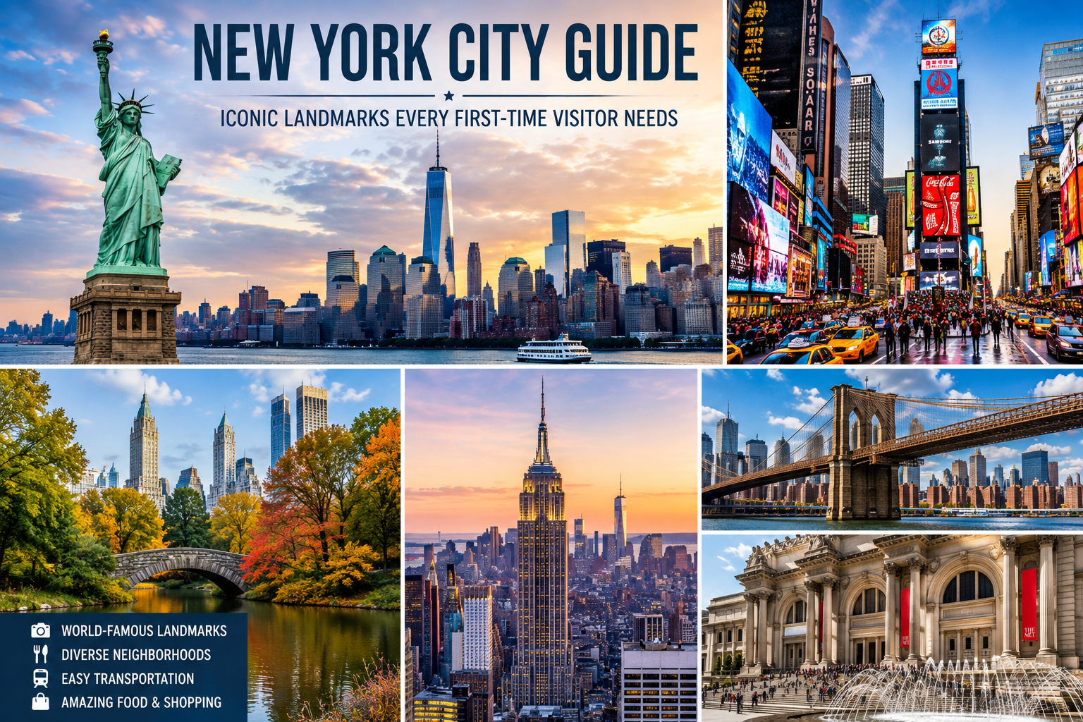 New York City Guide featuring the Statue of Liberty, Times Square, Central Park, the Empire State Building, and the Manhattan skyline.