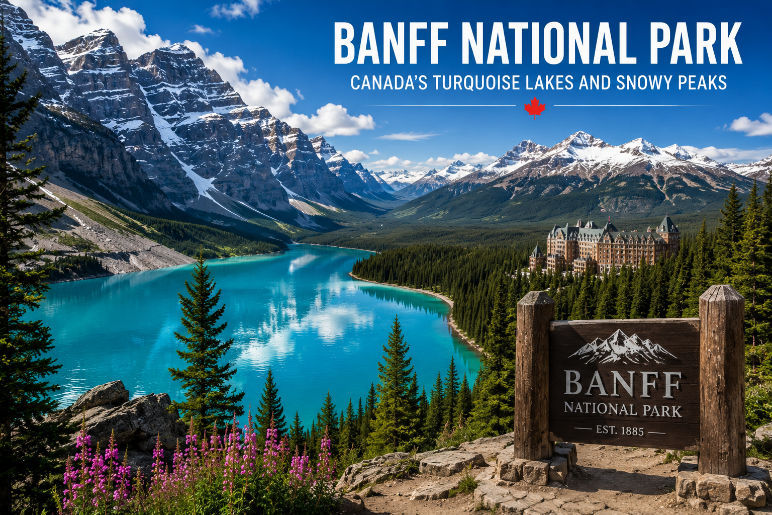 Banff National Park featuring turquoise Lake Louise, snow-covered Canadian Rockies, evergreen forests, and dramatic mountain scenery.